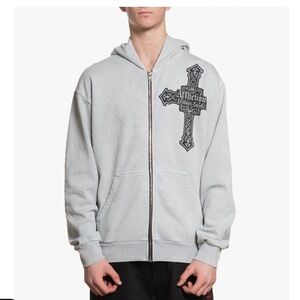 Affliction Light Gray Hoodie with Cross Design “SEEKER ZIP HOOD”